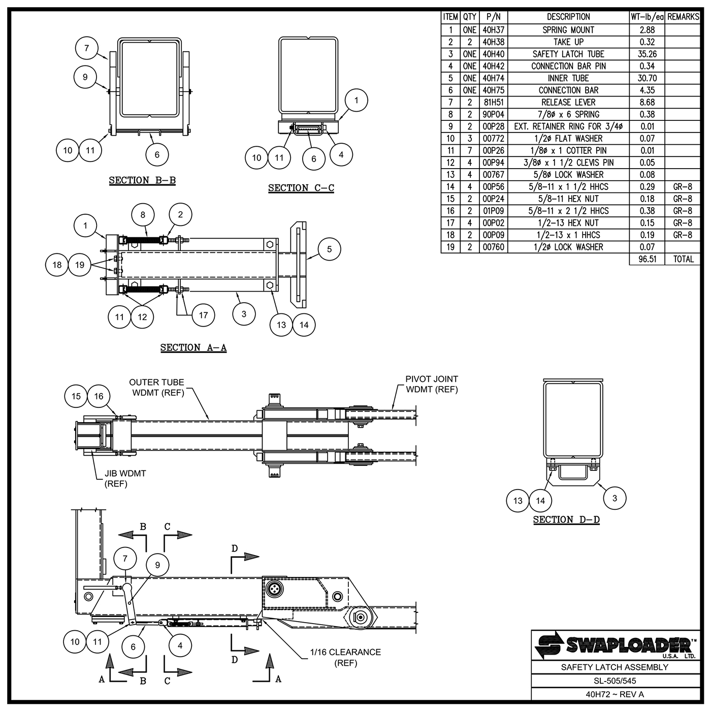 Swaploader SL-505/545 Safety Latch Assembly Diagram