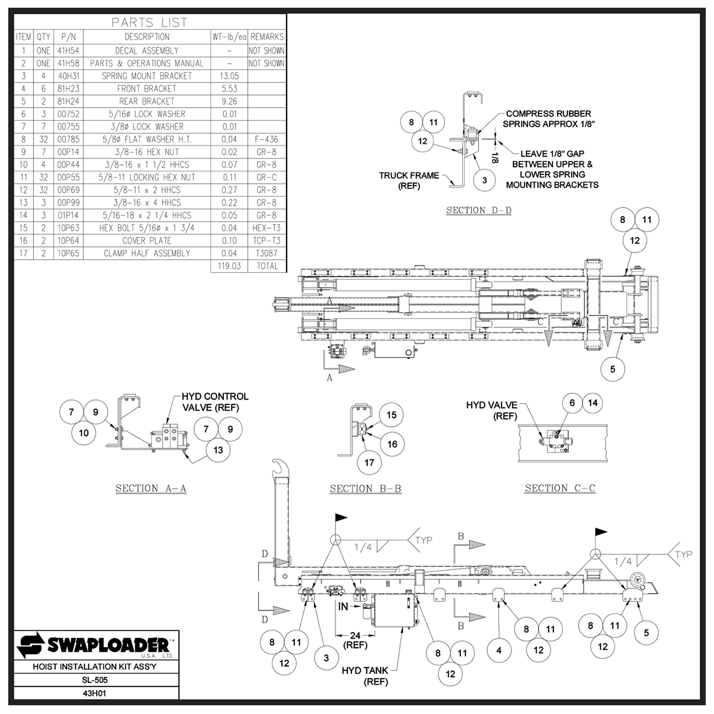 Swaploader SL-505 Hoist Installation Kit Assembly Diagram