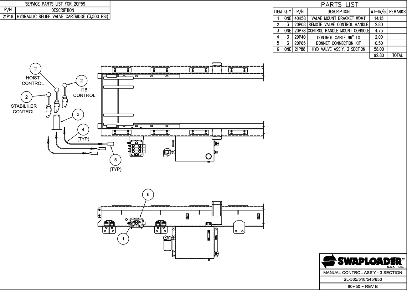 SL-518/650 Manual Control Assembly (3 Section) Diagram