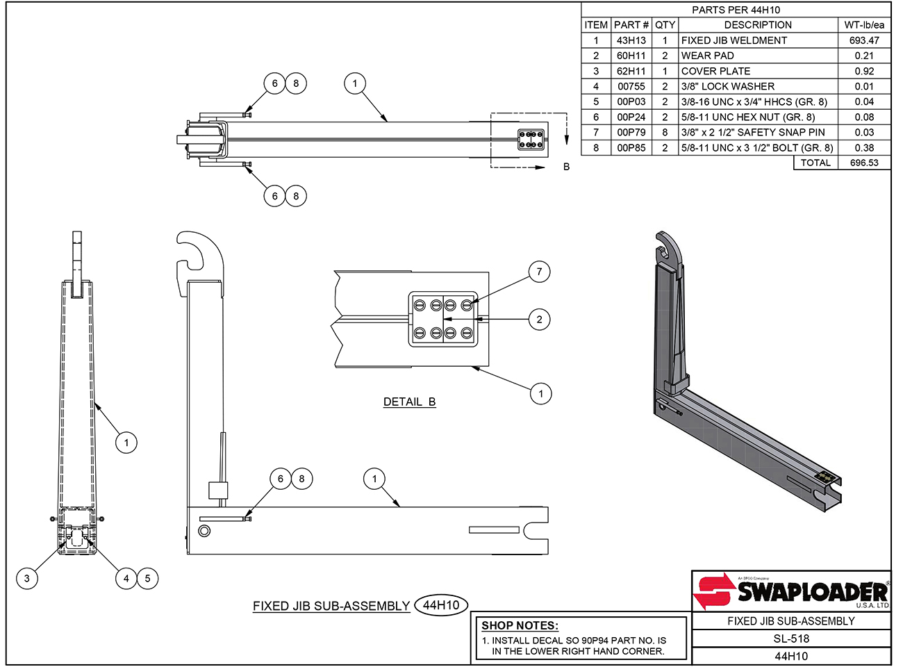 SL-518 Fixed Jib Sub-Assembly Diagram