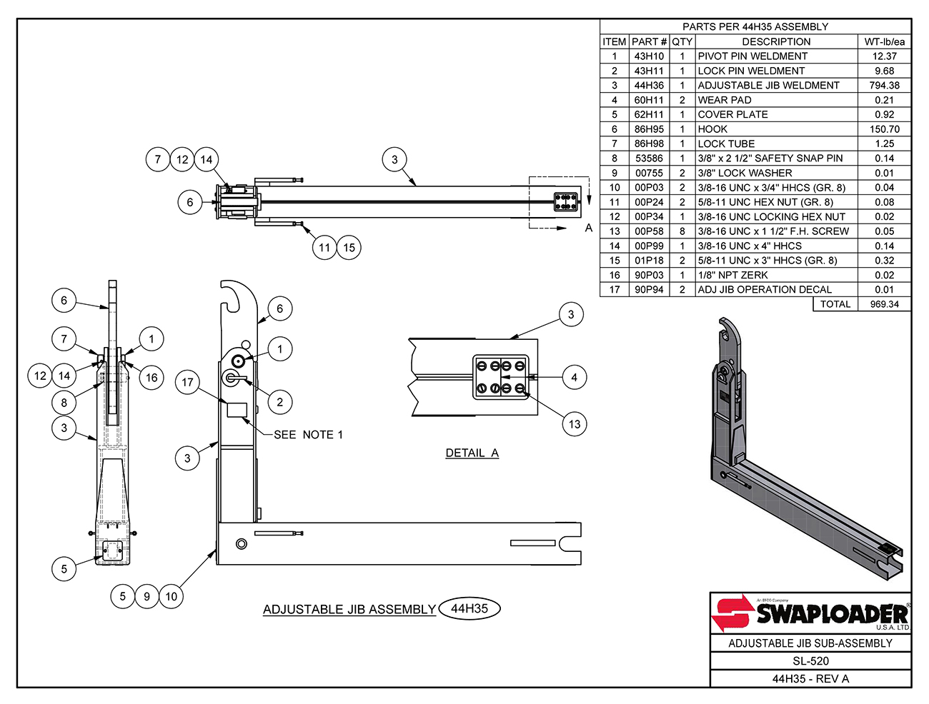 SL-520 Adjustable Jib Sub-Assembly Diagram