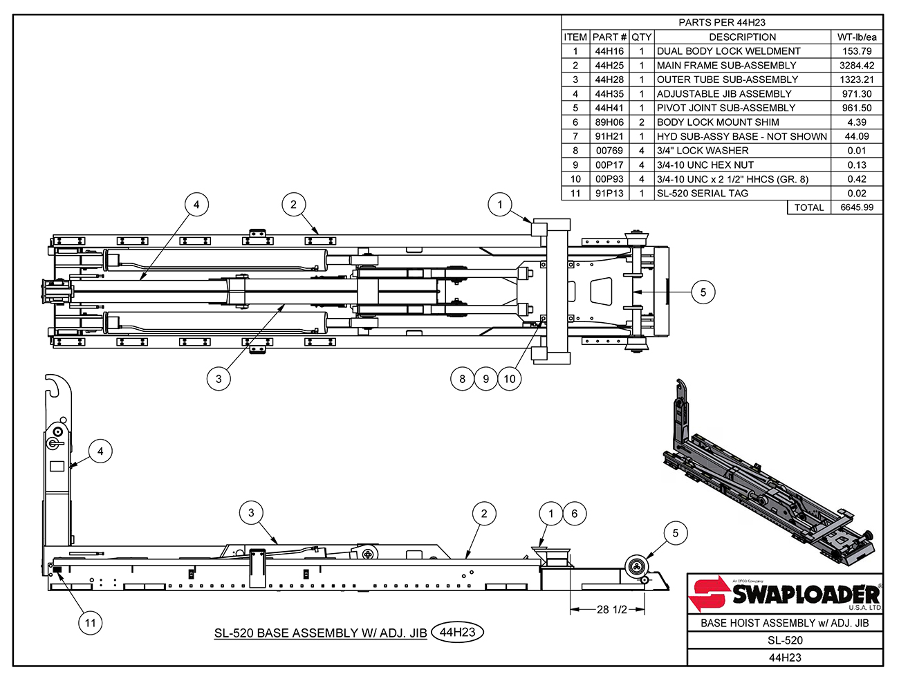 SL-520 Base Hoist Assembly (With Adjustable Jib) Diagram