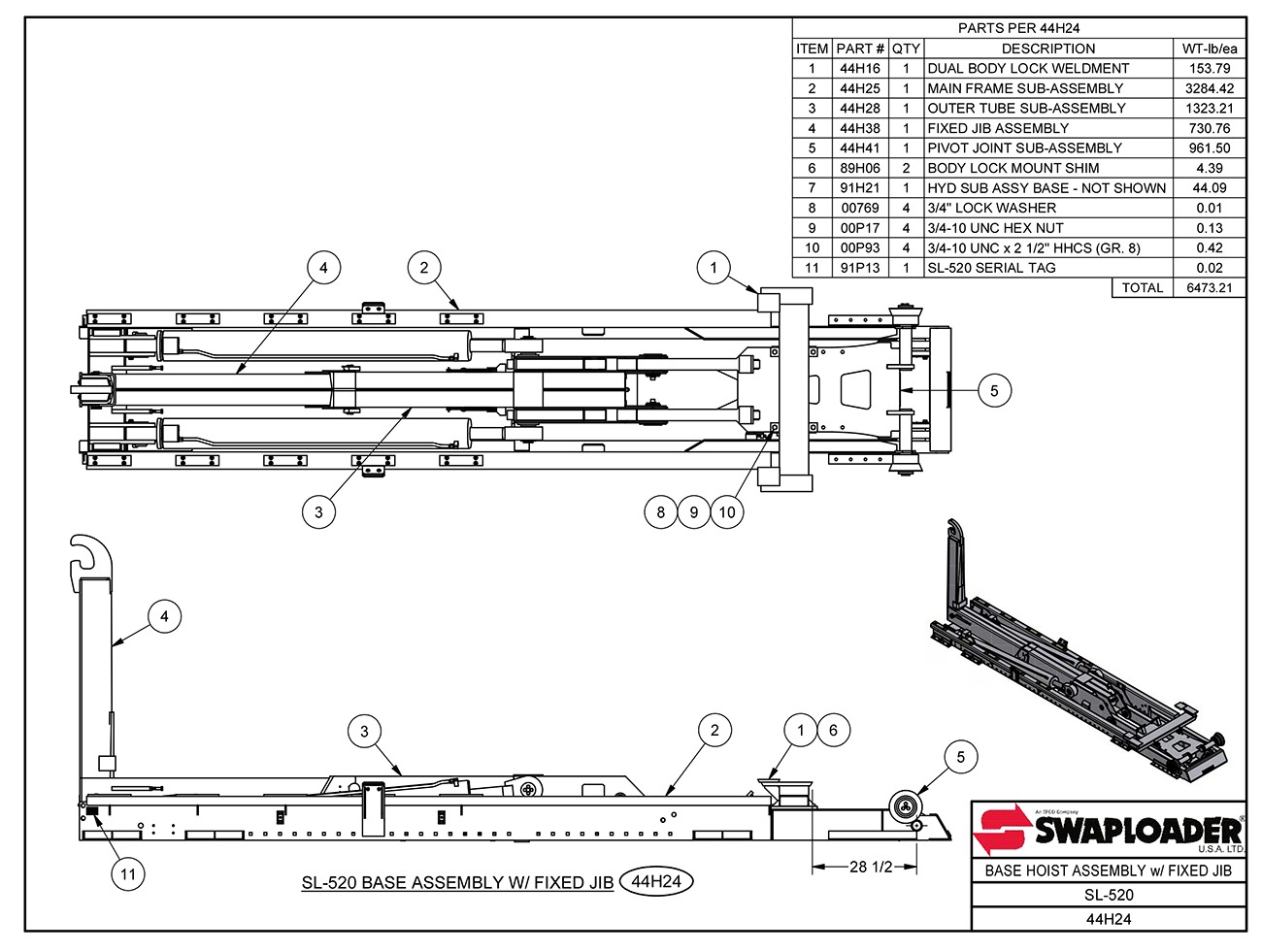 SL-520 Base Hoist Assembly (With Fixed Jib) Diagram