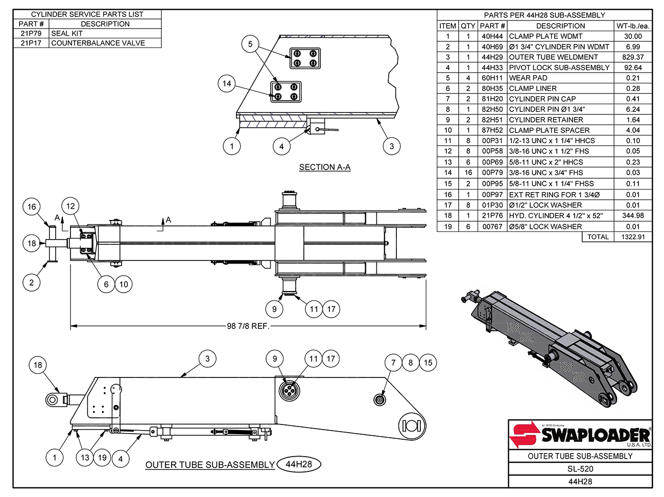 SL-520 Outer Tube Sub-Assembly Diagram