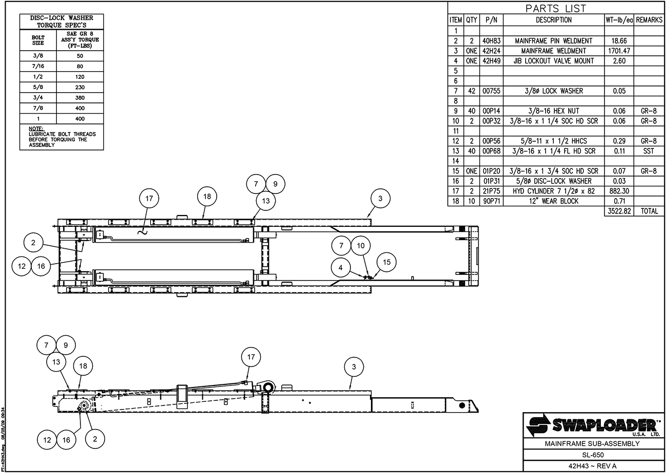 SL-650 Mainframe Sub-Assembly Diagram