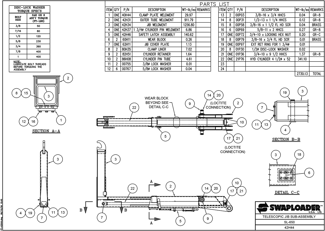 SL-650 Telescopic Jib Sub-Assembly Diagram