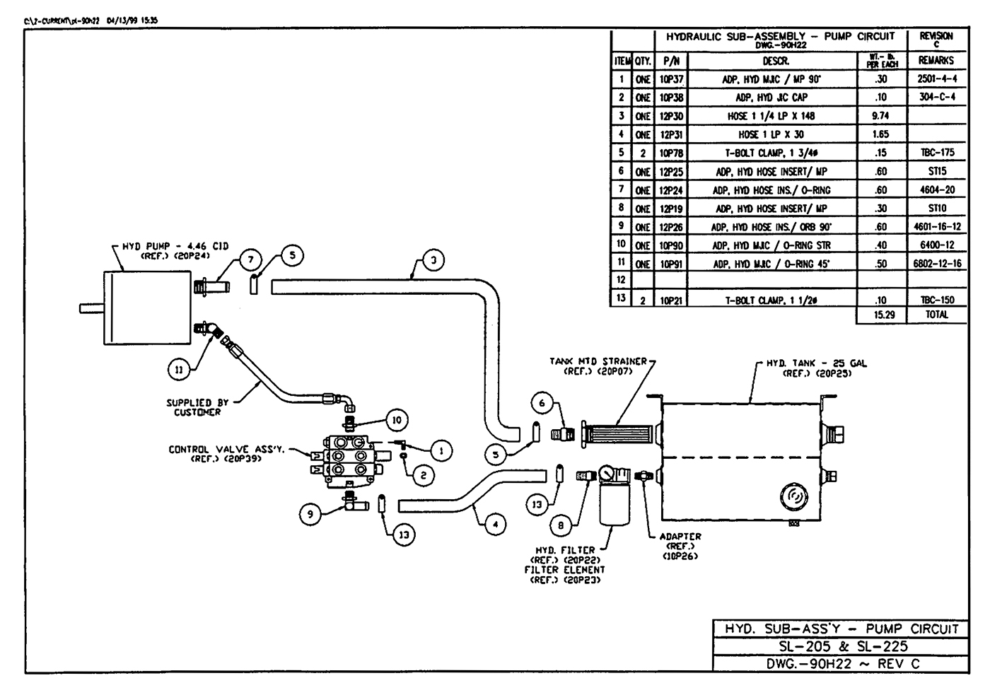 SL-205 Hydraulic Sub-Assembly (Pump Circuit) Diagram