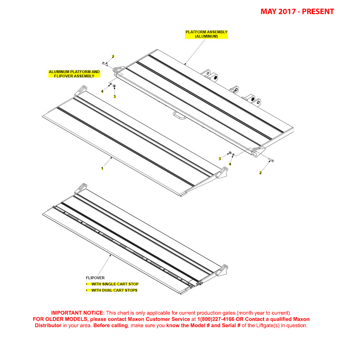Maxon TE-25 And TE-30 (May 2017 - Present) Aluminum Platform And Flipover Assembly Diagram