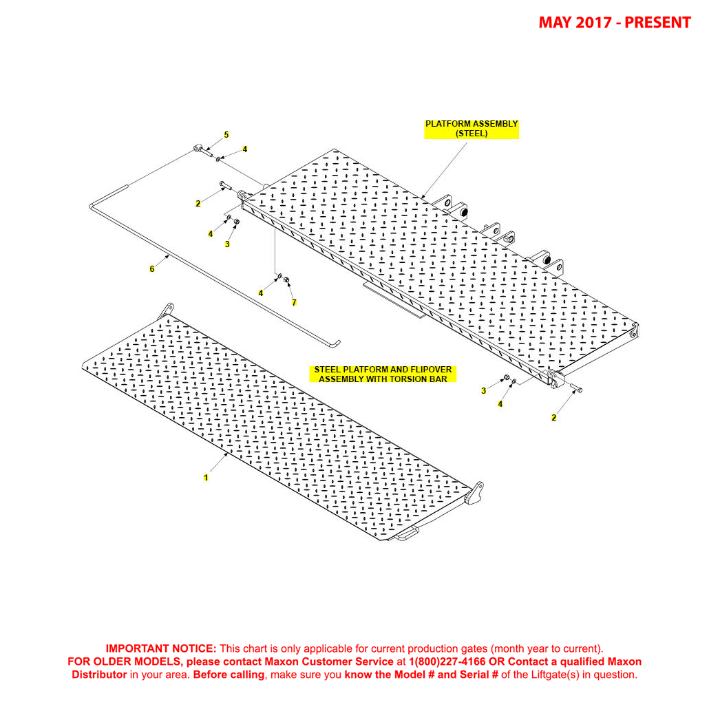 Maxon TE-25 And TE-30 (May 2017 - Present) Steel Platform And Flipover Assembly With Torsion Bar Diagram