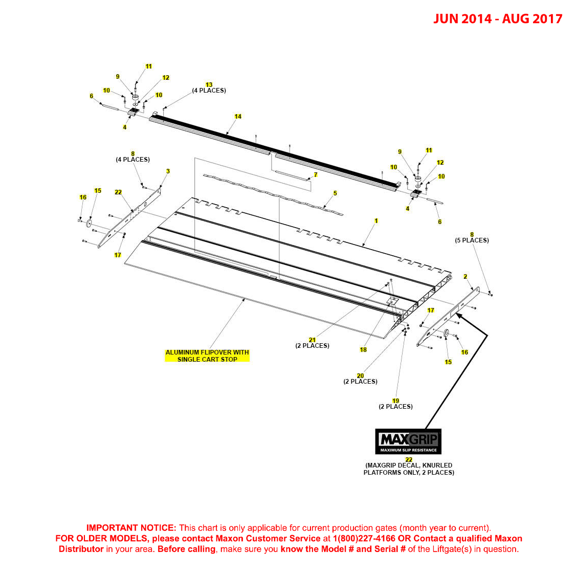 Maxon GPTLR-25 And GPTLR-33 (Jun 2014 - Aug 2017) Aluminum Flipover With Single Cart Stop Diagram