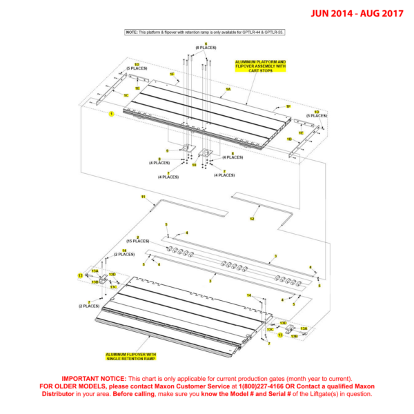 Maxon GPTLR-44 And GPTLR-55 (Jun 2014 - Aug 2017) Aluminum Platform And Flipover Assembly With Single Retention Ramp Diagram