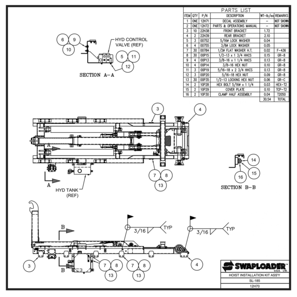 Swaploader SL-185 Hoist Installation Kit Assembly Diagram