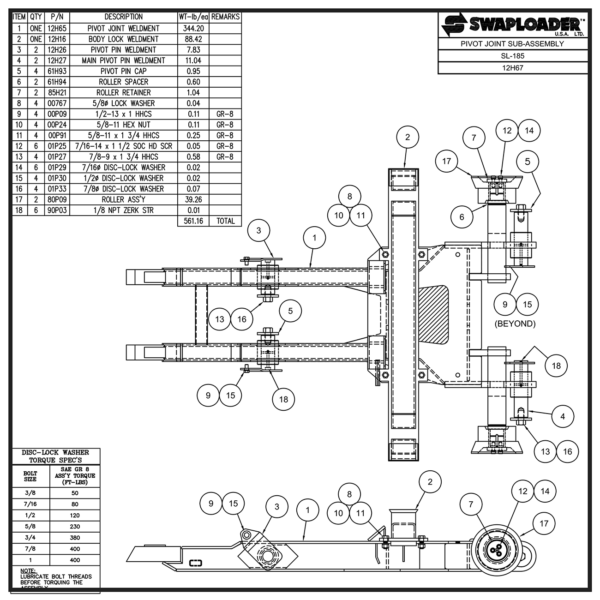 Swaploader SL-185 Pivot Joint Sub-Assembly Diagram