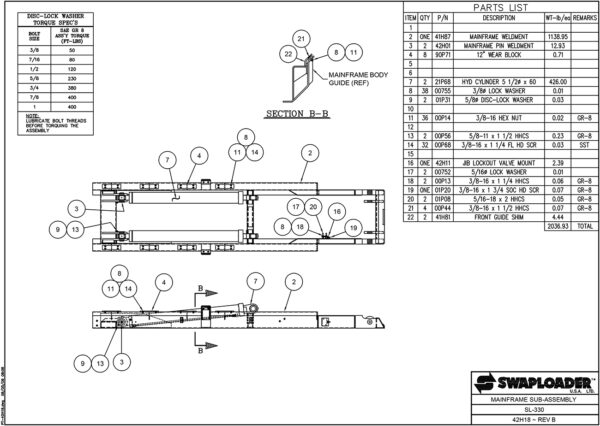 SL-330 Mainframe Sub-Assembly Diagram