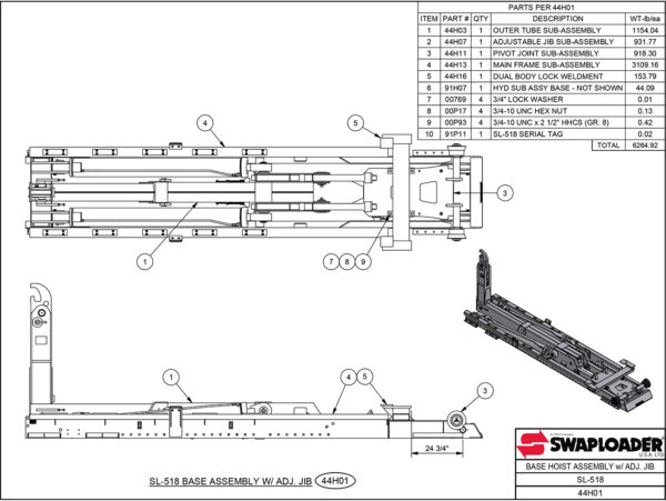 SL-518 Base Hoist Assembly (With Adjustable Jib) Diagram