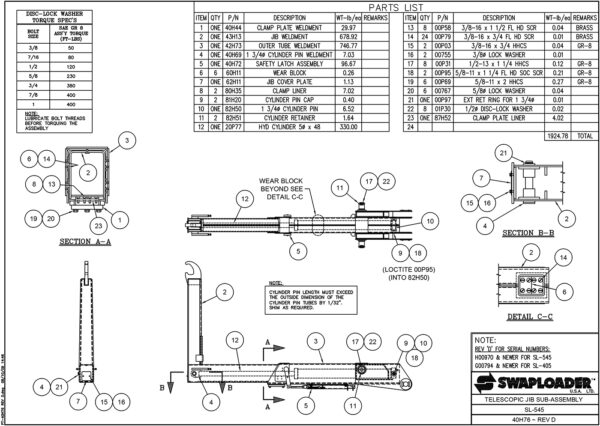 SL-545 Telescopic Jib Sub-Assembly (Revision D) Diagram