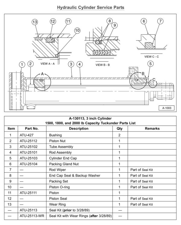 Anthony SM Hydraulic Cylinder Service Parts Diagram (For 1500 1800 and 2000 Lb Capacity Liftgates)