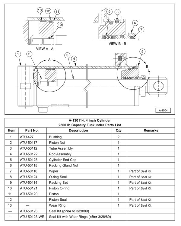 Anthony SM Hydraulic Cylinder Service Parts Diagram (For 2500 Lb Capacity Liftgates)