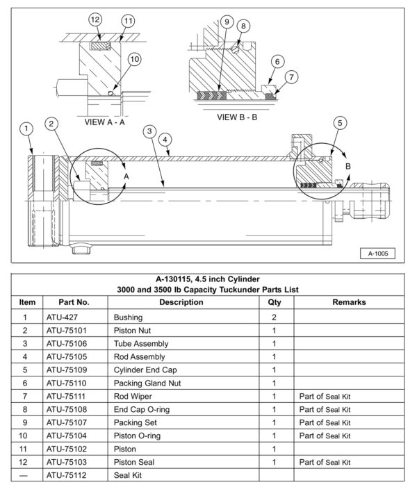 Anthony SM Hydraulic Cylinder Service Parts Diagram (For 3000 and 3500 Lb Capacity Liftgates)