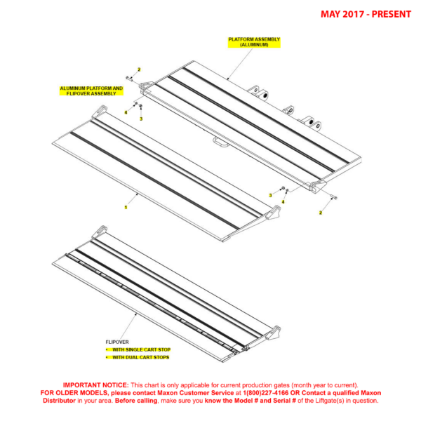 Maxon TE-25 And TE-30 (May 2017 - Present) Aluminum Platform And Flipover Assembly Diagram